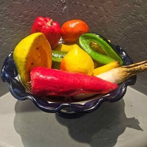 Mexican Footed Talavera Pottery Fruit Bowl & Papier Mache' Fruits and Vegetables